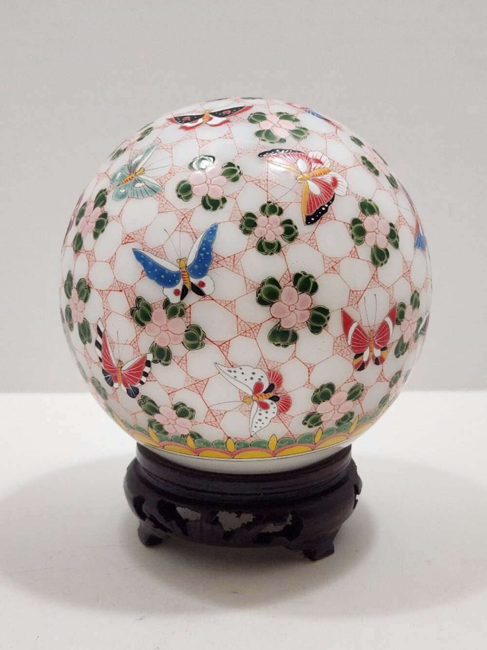 5" Vintage Chinese Hand-Painted Milk Glass Sphere Orb w/ Stand Butterfly Motif